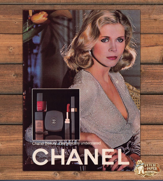 Chanel Beauty Cosmetics Makeup Sequin Gown Curled Hair Print Ad 1979 1970s