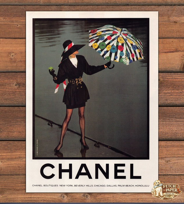 Chanel Floral Umbrella Black Mini Dress Wide Hat Pier Print Ad 1988 1980s (2pgs)