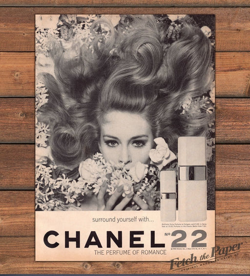 Chanel No 22 Perfume Woman Flowers Big Hair Romance Bottle Print Ad 1965 1960s