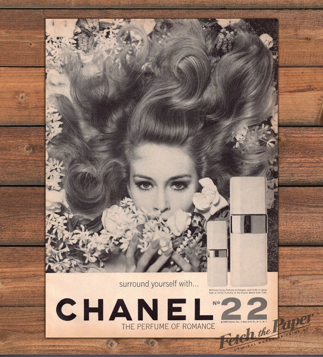 Chanel No 22 Perfume Woman Flowers Big Hair Romance Bottle Print Ad 1965 1960s