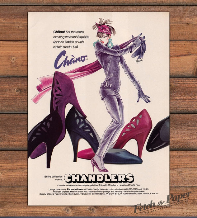 Chano Dawn Pump Chandlers Shoes Purple Pink Suede High Heels Print Ad 1985 1980s
