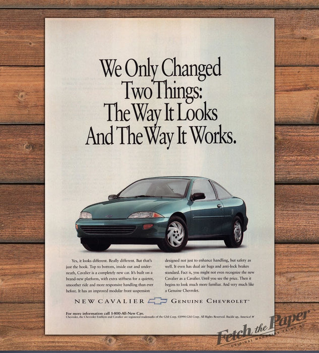 Chevrolet Cavalier "We Only Changed Two Things" Sporty Coupe Print Ad 1995 1990s