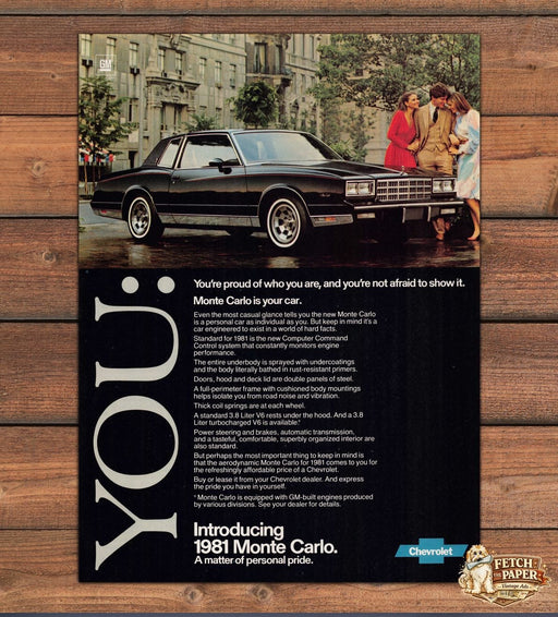 Chevrolet Monte Carlo Car 1980s Print Advertisement Ad 1980 "You: Proud"