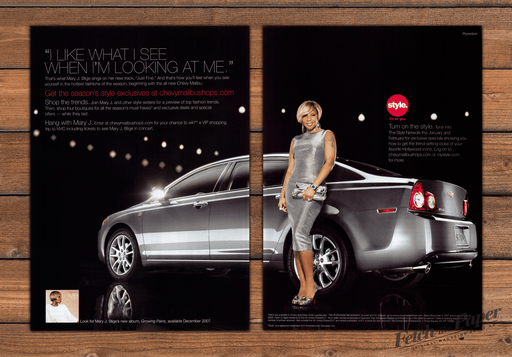Chevy Malibu Mary J. Blige Silver Dress Style Network Print Ad 2008 2000s (2pgs)