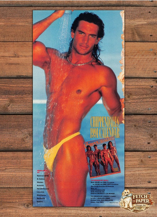 Chippendales Bare Chest Wet Hair Shower Yellow Thong Print Ad 1990 1990s