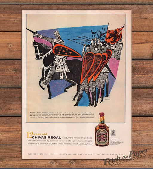 Chivas Regal Scotch Antonio Frasconi Woodcut Bannockburn Print Ad 1959 1950s