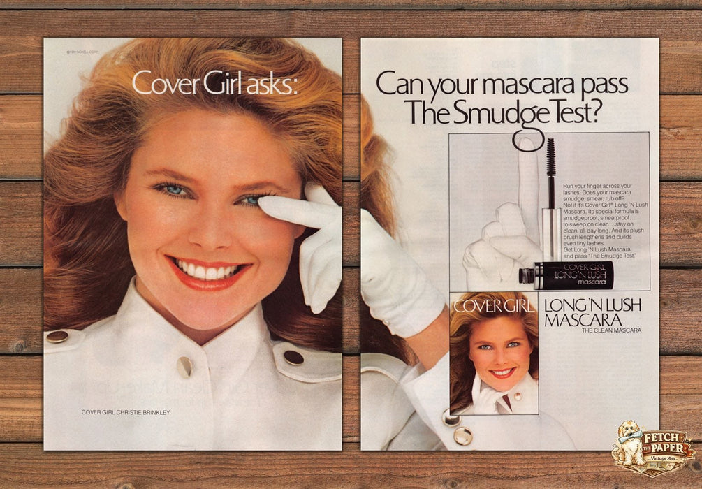 Christie Brinkley Cover Girl Long N Lush Mascara Print Ad 1981 1980s (2pgs)