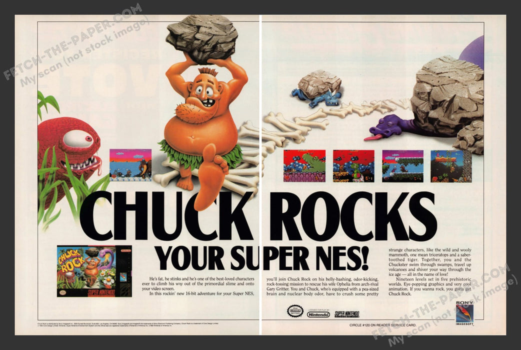 Chuck Rock Video Game 1990s Print Advertisement (2 Page) Ad 1992
