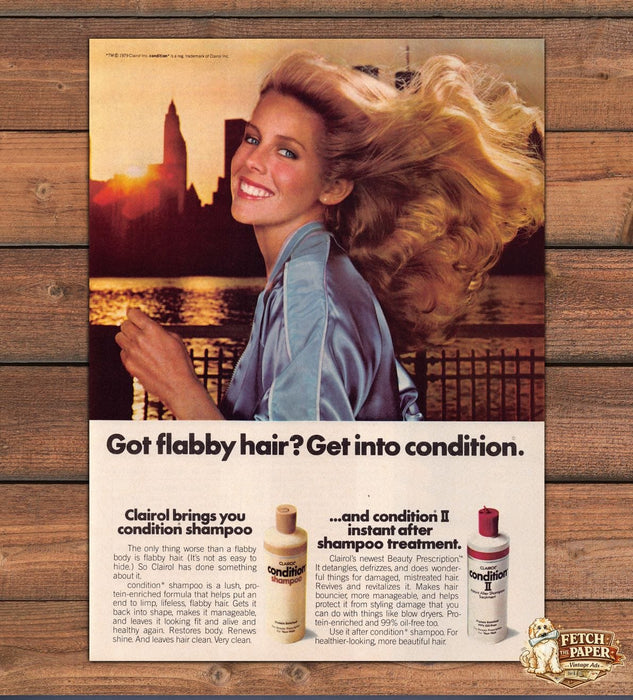 Clairol Condition Shampoo Windswept Hair NYC Skyline Sunset Print Ad 1979 1970s
