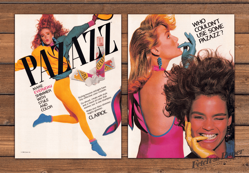 Clairol Pazazz Styling Mousse Red Hair Big Hair Print Ad 1987 1980s (2pgs)