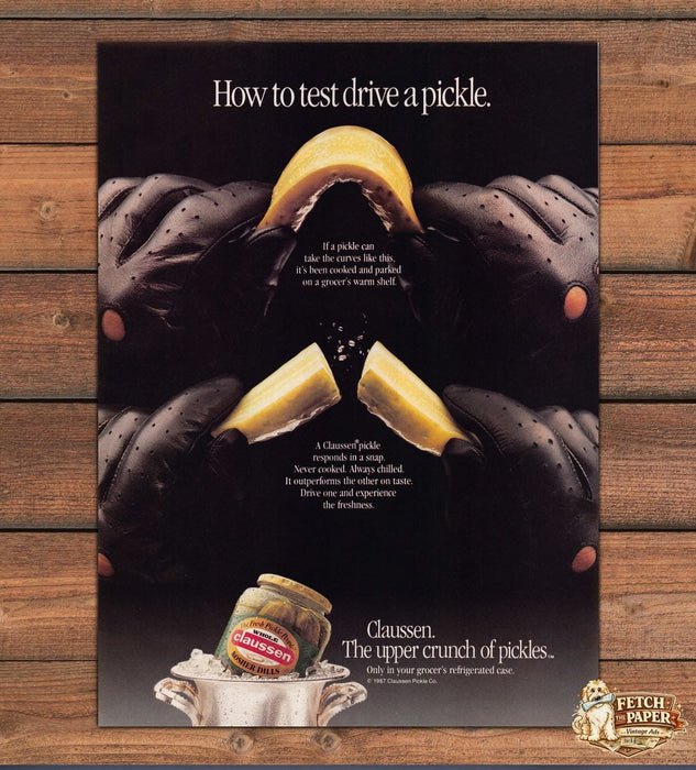 Claussen Kosher Dills Pickles Leather Gloves Test Drive Print Ad 1988 1980s