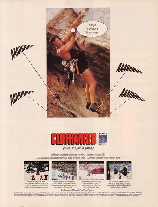 Cliffhanger Sylvester Stallone Video Game 1990s Print Advertisement Ad 1993