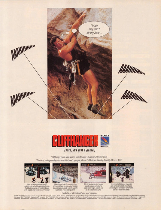 Cliffhanger Sylvester Stallone Video Game 1990s Print Advertisement Ad 1993