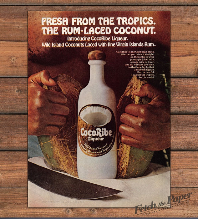 CocoRibe Liqueur Rum Laced Coconut Virgin Islands Tropics Print Ad 1977 1970s