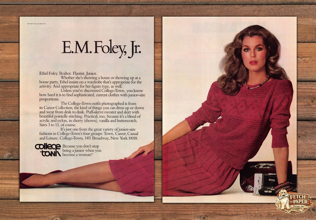 College-Town E.M. Foley Jr Red Sweater Dress Career Print Ad 1981 1980s (2pgs)