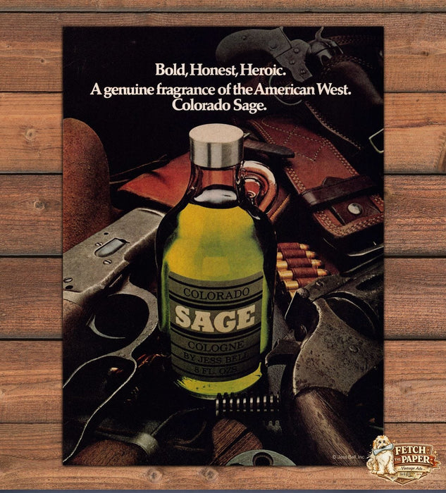 Colorado Sage Cologne Jess Bell Western Guns Holster Print Ad 1979 1970s