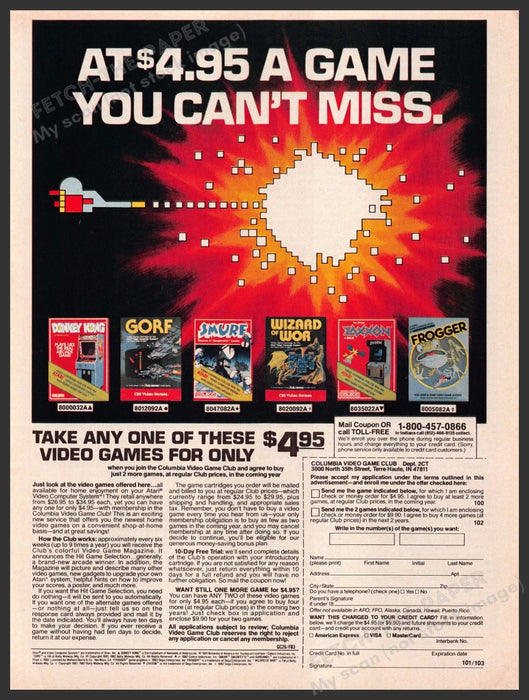 Columbia Video Game Club 1980s Magazine Print Advertisement 1983