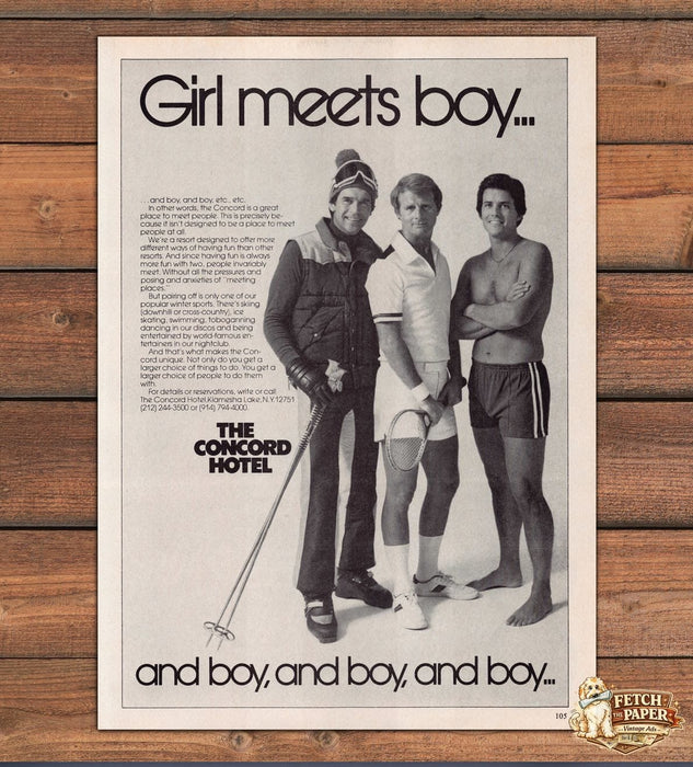 Concord Hotel Girl Meets Boy Ski Tennis Swim Print Ad 1979 1970s