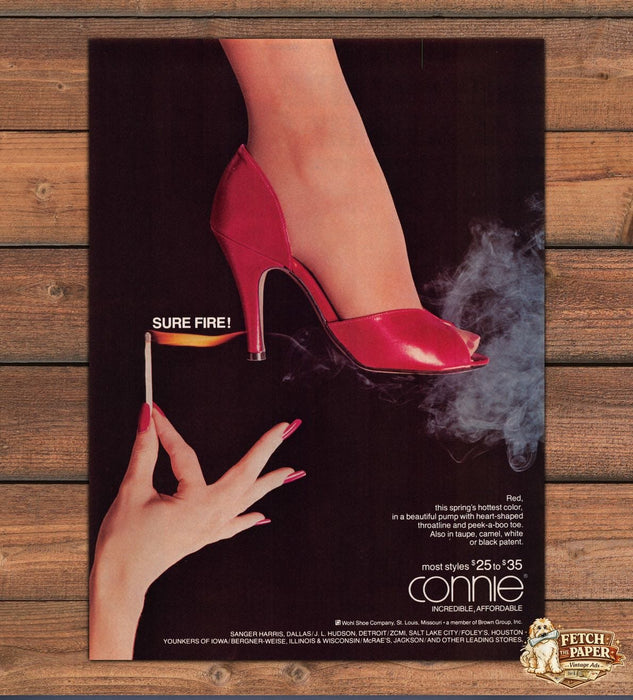 Connie Red Patent Peep Toe Pump Heel Leg Match Sure Fire Print Ad 1979 1970s