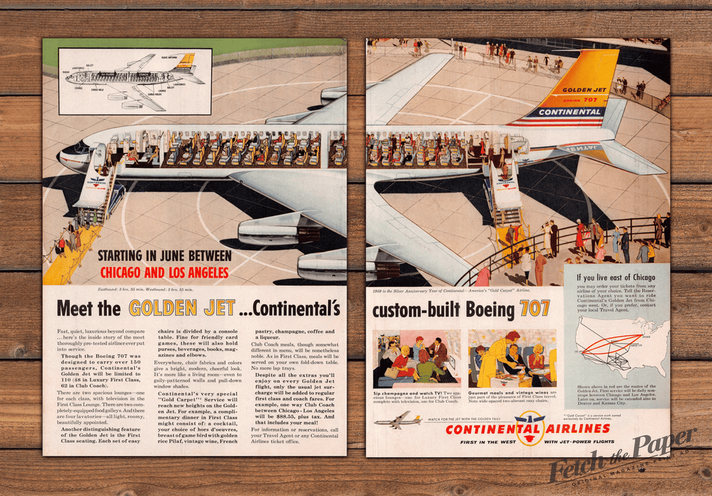Continental Airlines Golden Jet Boeing 707 Cutaway Print Ad 1959 1950s (2pgs)