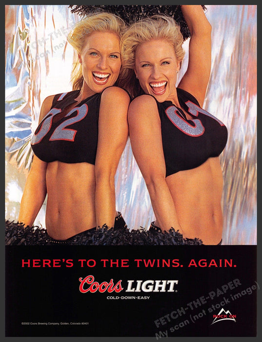 Coors Light Twins 2000s Print Advertisement 2003 Cheerleaders Bare Midriff Fetch-the-Paper