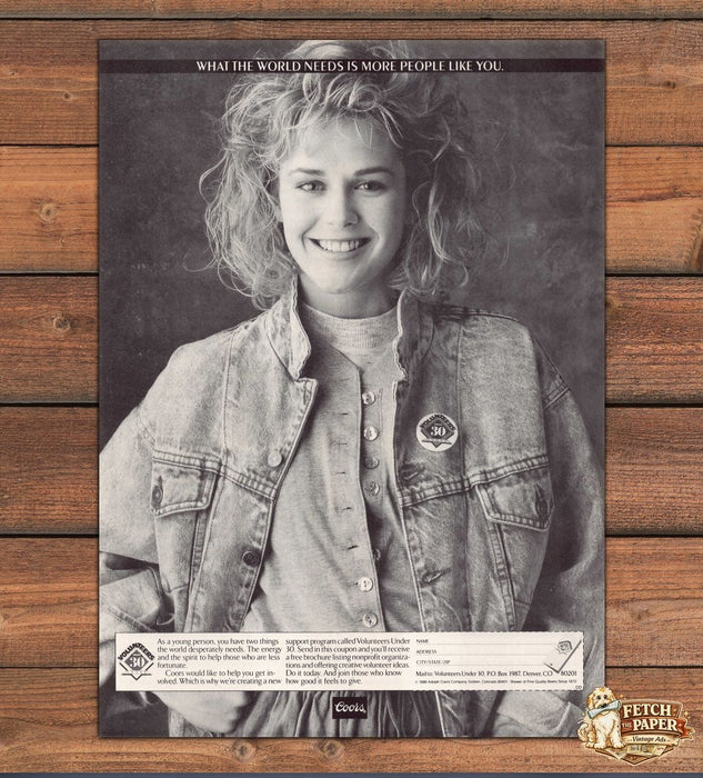 Coors Volunteers Under 30 Denim Jacket Big Hair Smile Print Ad 1988 1980s