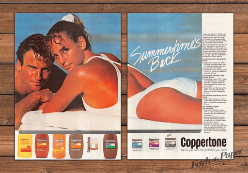 Coppertone Suntan Lotion Tanned Couple 1980s Print Advertisement Ad (2 pgs) 1988