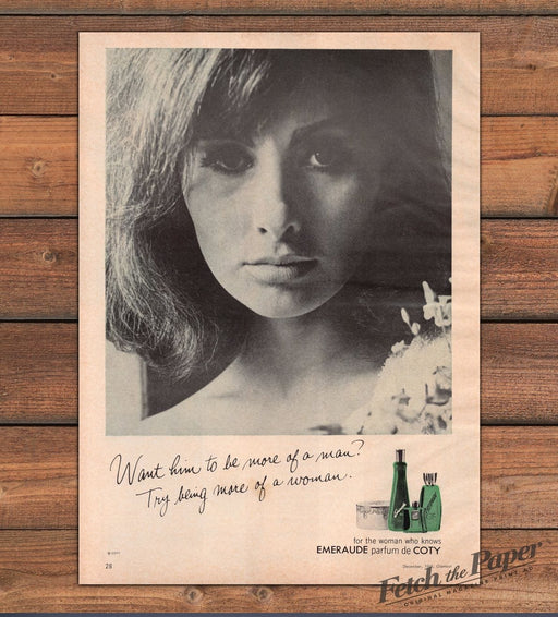 Coty Emeraude Parfum Woman Portrait Want Him More of a Man Print Ad 1965 1960s