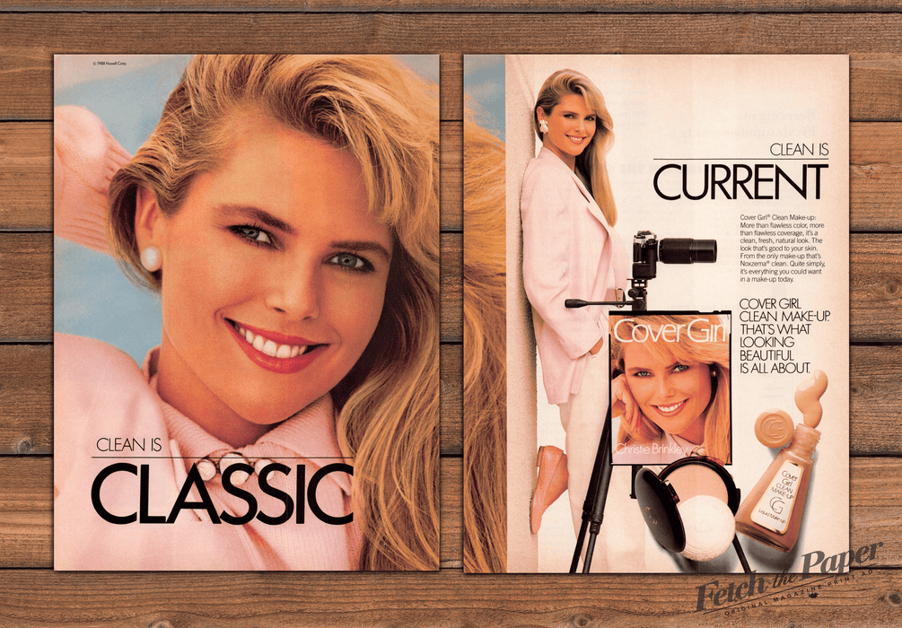 Cover Girl Clean Make-Up Christie Brinkley Print Ad 1988 1980s (2pgs)