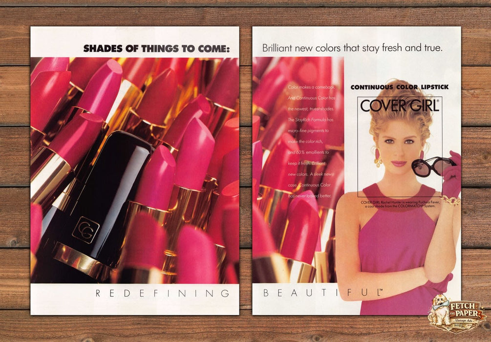 Cover Girl Continuous Color Lipstick Rachel Hunter Print Ad 1991 1990s (2 pg)
