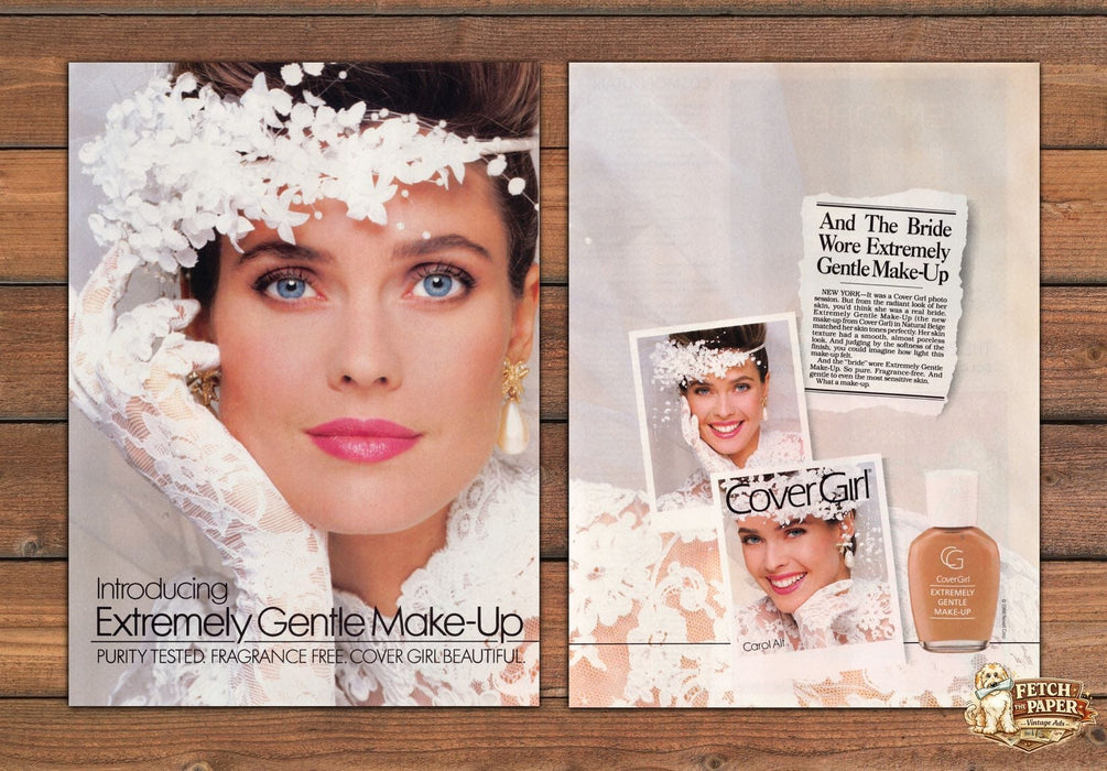 Cover Girl Extremely Gentle Make-Up Bride Carol Alt Print Ad 1988 1980s (2pgs)
