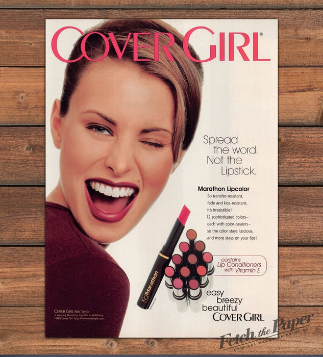 Cover Girl Niki Taylor Marathon Lipcolor Winking Lipstick Print Ad 1997 1990s