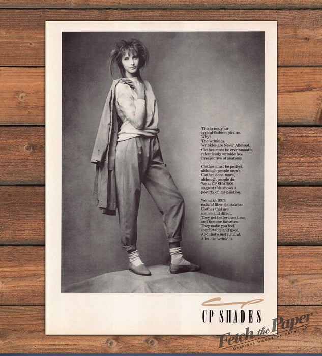 CP Shades Girl Spiky Big Hair Baggy Cuffed Pants Jacket Print Ad 1987 1980s