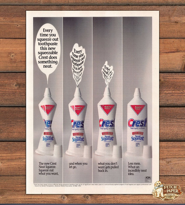 Crest Neat Squeeze Toothpaste Dispenser Less Mess Print Ad 1991 1990s