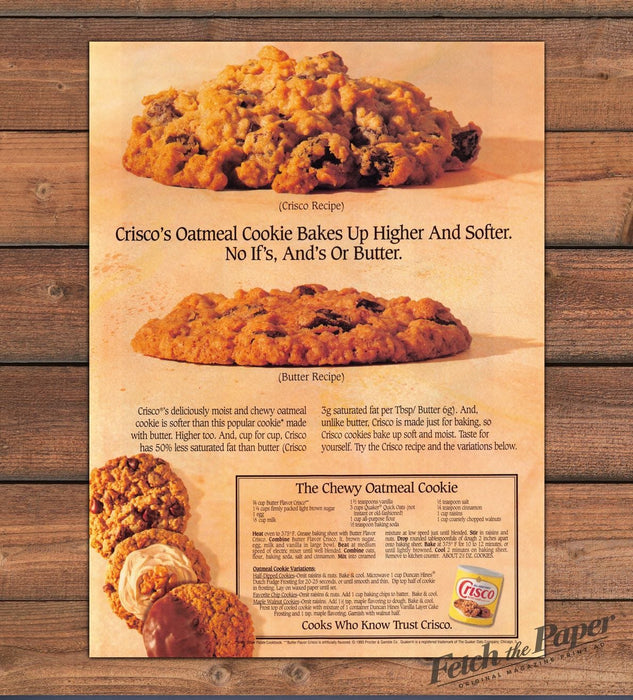 Crisco Chewy Oatmeal Cookie Raisin Walnut Baking Recipe Print Ad 1993 1990s