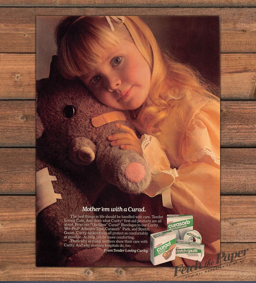 Curity Curad Bandages Blonde Girl Hugging Teddy Bear Print Ad 1987 1980s