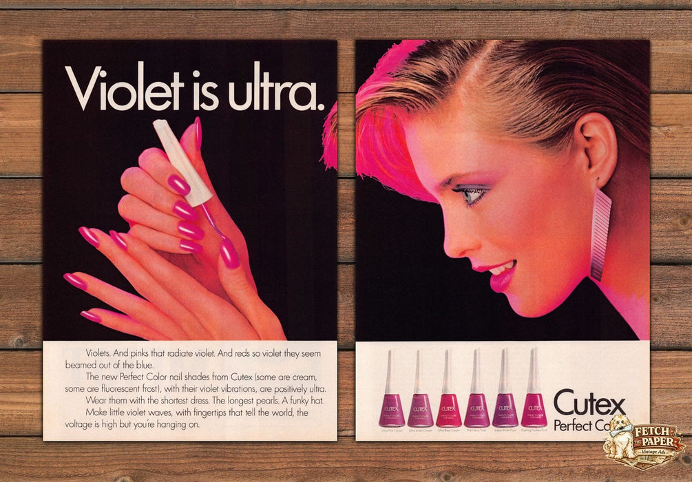 Cutex Perfect Color Violet is Ultra 1980s Print Advertisement (2 Pages) 1983