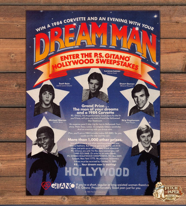 P.S. Gitano Dream Man Hollywood Sweepstakes Corvette Print Ad 1983 1980s