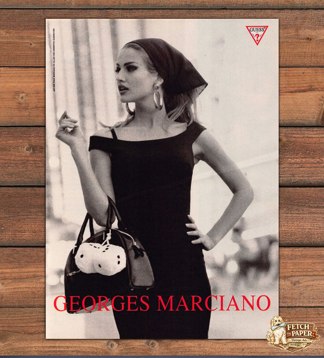 Guess By Marciano Karen Mulder Black Dress Headscarf Handbag Print Ad 1991 1990s