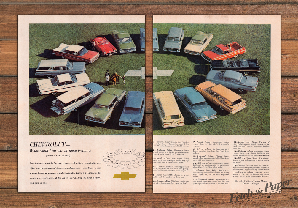 Chevrolet Impala Corvette El Camino Wagons Circle Print Ad 1959 1950s (2pgs)