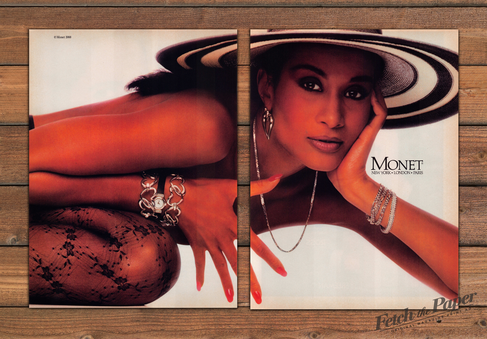 Monet Jewelry Iman Model Striped Hat Heart Watch Print Ad 1988 1980s (2pgs)