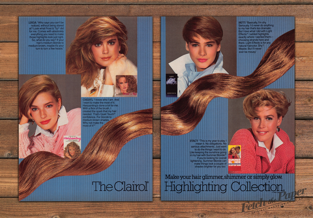 Clairol Highlighting Collection Hairpainting Big Hair Print Ad 1985 1980s (2pgs)