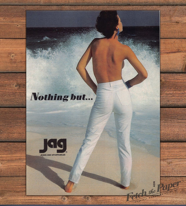 Jag Jeans Nothing But White Jeans Bare Back Beach Wave Print Ad 1985 1980s