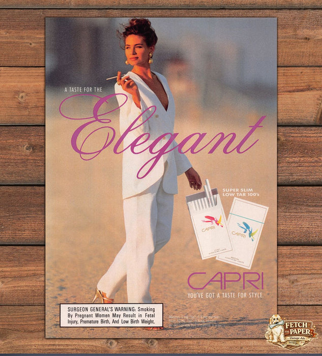 Capri Cigarettes Elegant Woman White Suit Beach Print Ad 1991 1990s