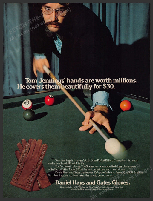 Daniel Hays & Gates Gloves Tom Jennings Billiard 1970s Print Advertisement 1977 Fetch-the-Paper
