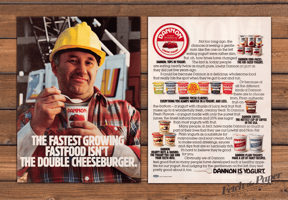 Dannon Yogurt Construction Worker Hard Hat Flannel Print Ad 1987 1980s (2pgs)