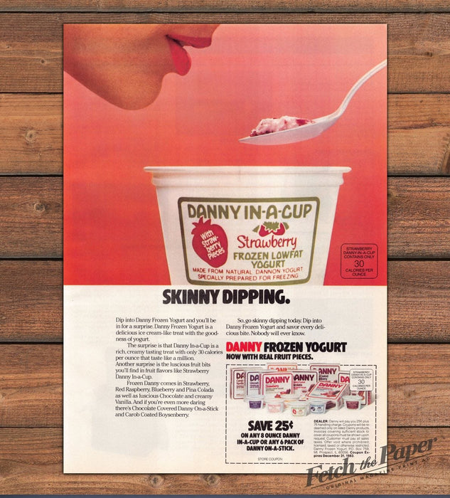 Danny In A Cup Dannon Strawberry Frozen Yogurt Skinny Dip Print Ad 1983 1980s