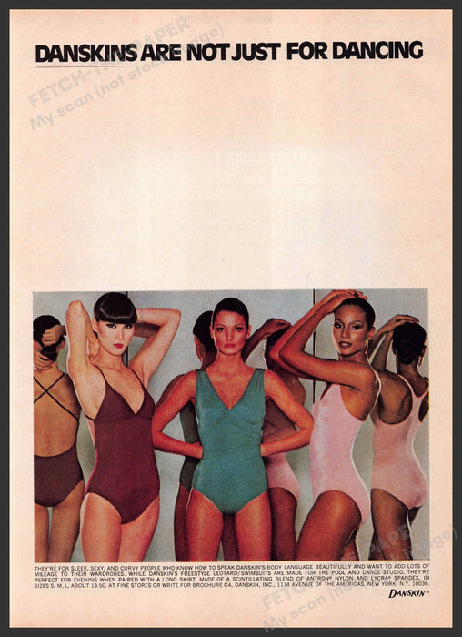 Danskin Leotards Swimsuits 1970s Print Advertisement 1976 Beautiful Fetch-the-Paper