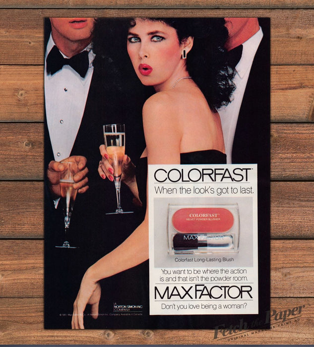 Dayle Haddon Max Factor Colorfast Blush Gown Champagne Print Ad 1981 1980s