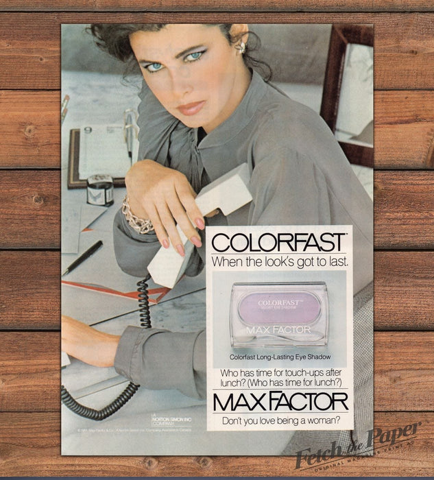 Dayle Haddon Max Factor Colorfast Eye Shadow Office Desk Print Ad 1981 1980s